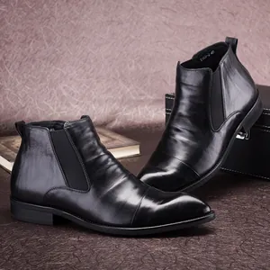 Men Genuine Leather Chelsea Boots Pointed Toe Business Ankle Boots British Style Non-slip Tumbled Leather Martin Boots