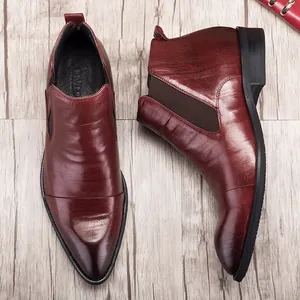 Men's pointed toe burgundy leather Chelsea boots with elastic side panels for business