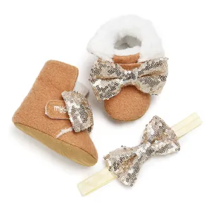 Warme braune Winter-Babystiefel mit Pailletten-Schleife-Stirnband-Set für Neugeborene