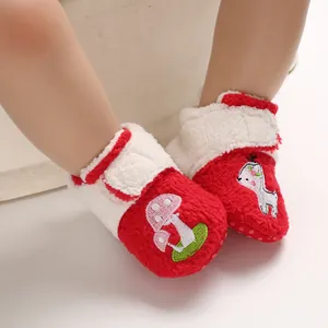 Red and white plush cartoon baby shoes with mushroom and deer embroidery for 0-1 year