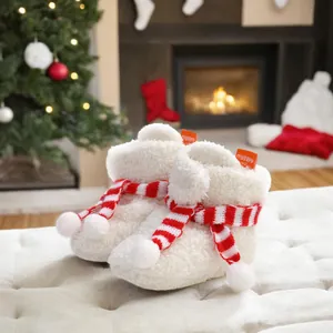 Christmas Theme Infant Baby Warm Boots Plush Soft Sole First Walkers With Scarf Decor Winter Shoes