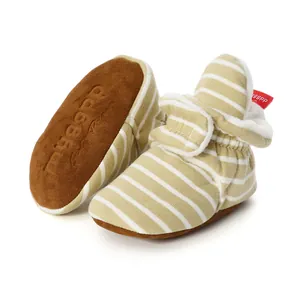 Striped knit baby booties with soft soles and warm fleece lining for 0-1 year olds