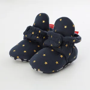 Macro view of navy blue baby soft sole booties featuring stylish golden star patterns