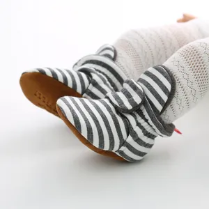 Soft striped knit baby booties for infants 0-1 years with comfortable anti-slip soles