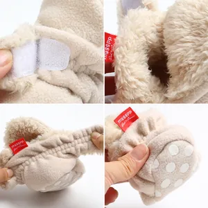 Detailed macro shots of fleece lining and anti-slip sole on warm baby winter boots