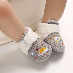 Cozy winter baby booties featuring cartoon rocket embroidery and a soft plush lining