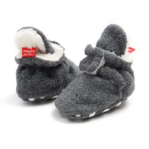Grey fleece baby pre-walker boots with warm white plush lining detail