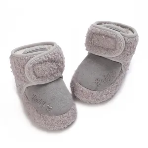 Soft grey winter baby snow boots featuring warm fleece lining and heart embroidery.
