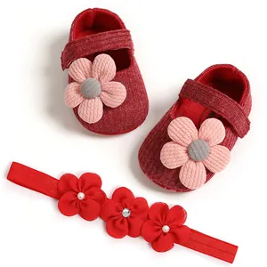 Adorable red baby girl princess shoes and floral headband set with soft soles for 0-1 year