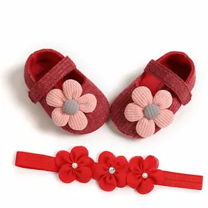 Soft sole red baby girl princess shoes with fabric flowers and matching headband set