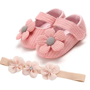 Pink knitted baby princess shoes and matching floral headband set for girls 0-1 year old