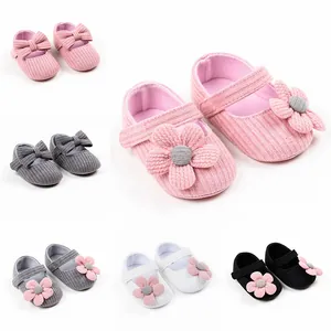 Baby Girl Princess Toddler Shoes Soft Sole Cotton Knit Bow Flower First Walker Crib Shoes Infant Non-Slip Comfy Shoes