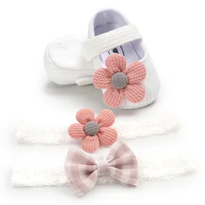 Cute white knitted baby girl princess shoes with pink flower and lace bow headbands