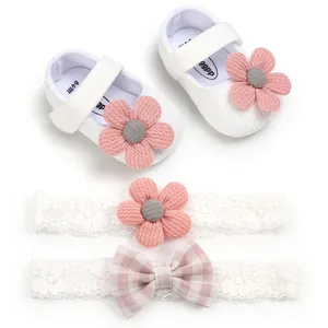 Adorable white knitted baby girl princess shoes with flower and lace headband gift set