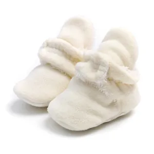 Warm soft fleece baby booties for winter, cream white infant pre-walker boots with soft soles