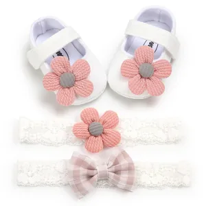Soft sole baby girl shoes and lace headband set with pink floral and bow accents