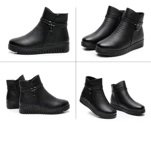 Detailansicht aus verschiedenen Blickwinkeln schwarzer warmer flacher Stiefeletten für Damen