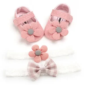 Baby Girl Princess Shoes And Headband Set Soft Sole Flower Bow Lace Knitted Infant Prewalker Shoes For Baptism Wedding Birthday