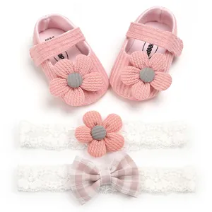Infant girl pink flower knitted princess shoes and matching lace headbands set for babies