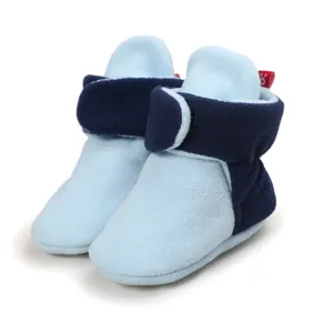 Soft fleece baby walker shoes with adjustable strap in blue and navy