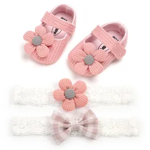 Pink flower knit baby girl princess shoes with two matching lace and plaid bow headbands.