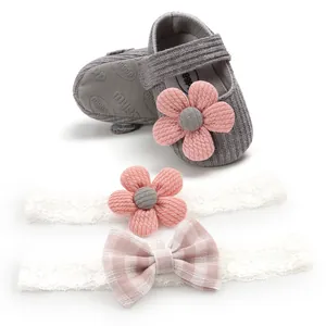 Adorable grey knit baby girl shoes with pink flower and matching lace headbands set
