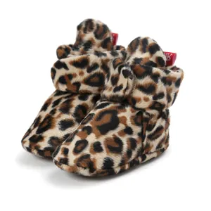 Leopard print plush baby walking shoes with soft soles for infants and toddlers