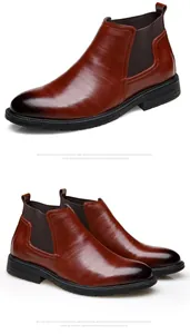 Detail view of stylish brown leather Chelsea boots for men featuring a warm winter lining