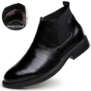 Men Business Formal Chelsea Boots Winter Fleece Lined Mid-Top Warm PU Leather Waterproof Non-Slip Plus Size Dress Boots