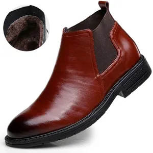 Men's brown leather Chelsea boots with warm fleece lining for winter business dress