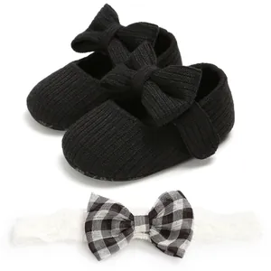 Soft black knit baby girl princess shoes with matching checkered bow lace headband set