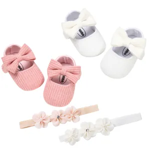 Zapatos de Princesa de Punto para Bebé Niña Con Diadema de Flores Set 2 Piezas Algodón Lazo Grande Suela Blanda Zapatos Primeros Pasos