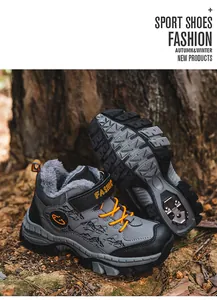 Close-up of boys' warm winter snow boots with anti-slip steel cleats and fleece lining