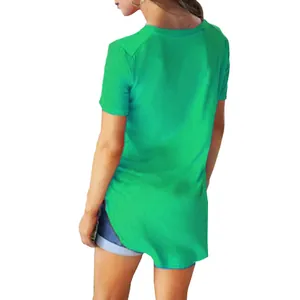 Back view of a bright green casual short-sleeved longline T-shirt for plus size women