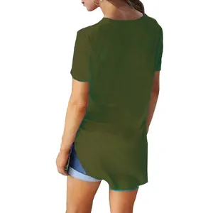 Back view of a plain olive green loose casual short sleeve T-shirt for women