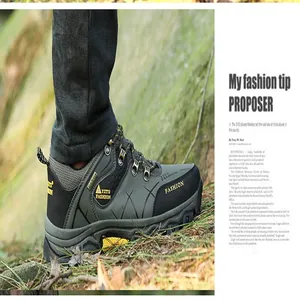 Detail of men's grey outdoor hiking shoes with thick soles in a nature setting