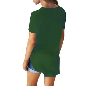 Detailed back view of a casual loose dark green short sleeve T-shirt for women outfit.