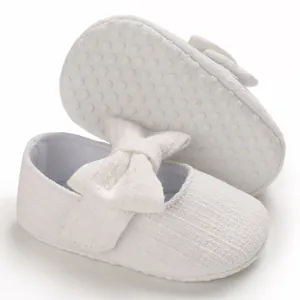 Soft sole white baby girl walker shoes with decorative bow and non-slip dots