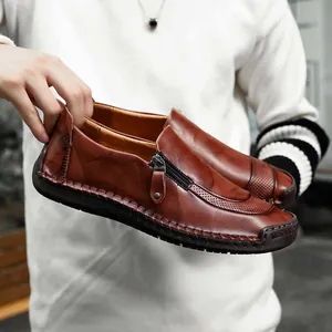 Herren Echtes Leder Lässige Loafer Atmungsaktiv Perforiert Handnaht Slipper Autofahrerschuhe Mode Seitlicher Reißverschluss Herren Slipper
