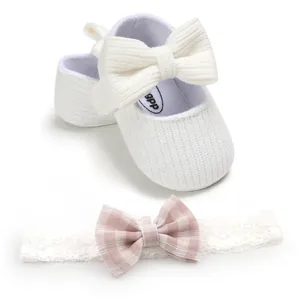 Soft white knitted baby girl princess shoes with matching lace bow headband set