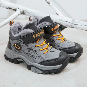 High-quality warm outdoor boys' winter snow boots with grey faux fur lining and orange laces