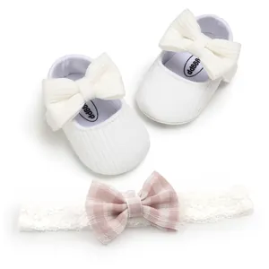 White knitted soft sole baby shoes and pink plaid bow headband 2-piece set