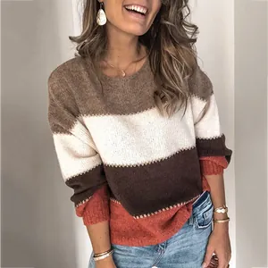 Pull décontracté à rayures colorblock et col rond pour femme, mode automne-hiver.