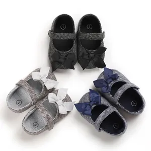 Weiche Baby-Lauflernschuhe mit Fischgrätenmuster und Schleifen in Grau, Blau, Schwarz