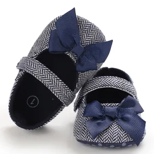 Baby Prinzessin Schuhe mit Schleife und Fischgrätenmuster Dunkelblau Weiche Sohle 0-1J