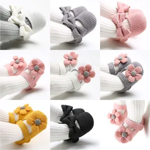 Infant Baby Girl Knitted Cotton Princess Shoes Soft Sole First Walkers With 3D Flower Decoration Hook And Loop Baby Shoes