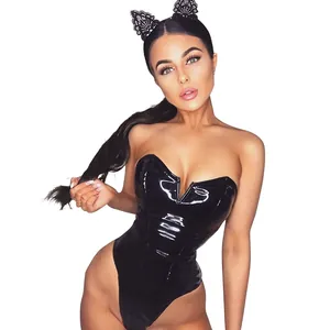 Body sexy en similicuir PU noir brillant pour femme avec bandeau oreilles de chat