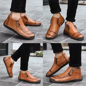 Britse Stijl Heren Casual Leren Laarzen Zachte Zool Herfst Winter Fleece Gevoerd Hoog Model Schoenen Met Zijrits Mode Loafers