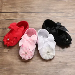 Breathable soft sole baby princess walking shoes with ribbon bows and lace flowers