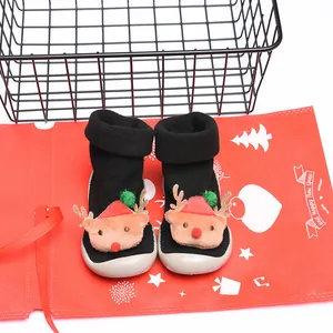 Black baby Christmas walking shoes with cute plush reindeer decoration and warm lining